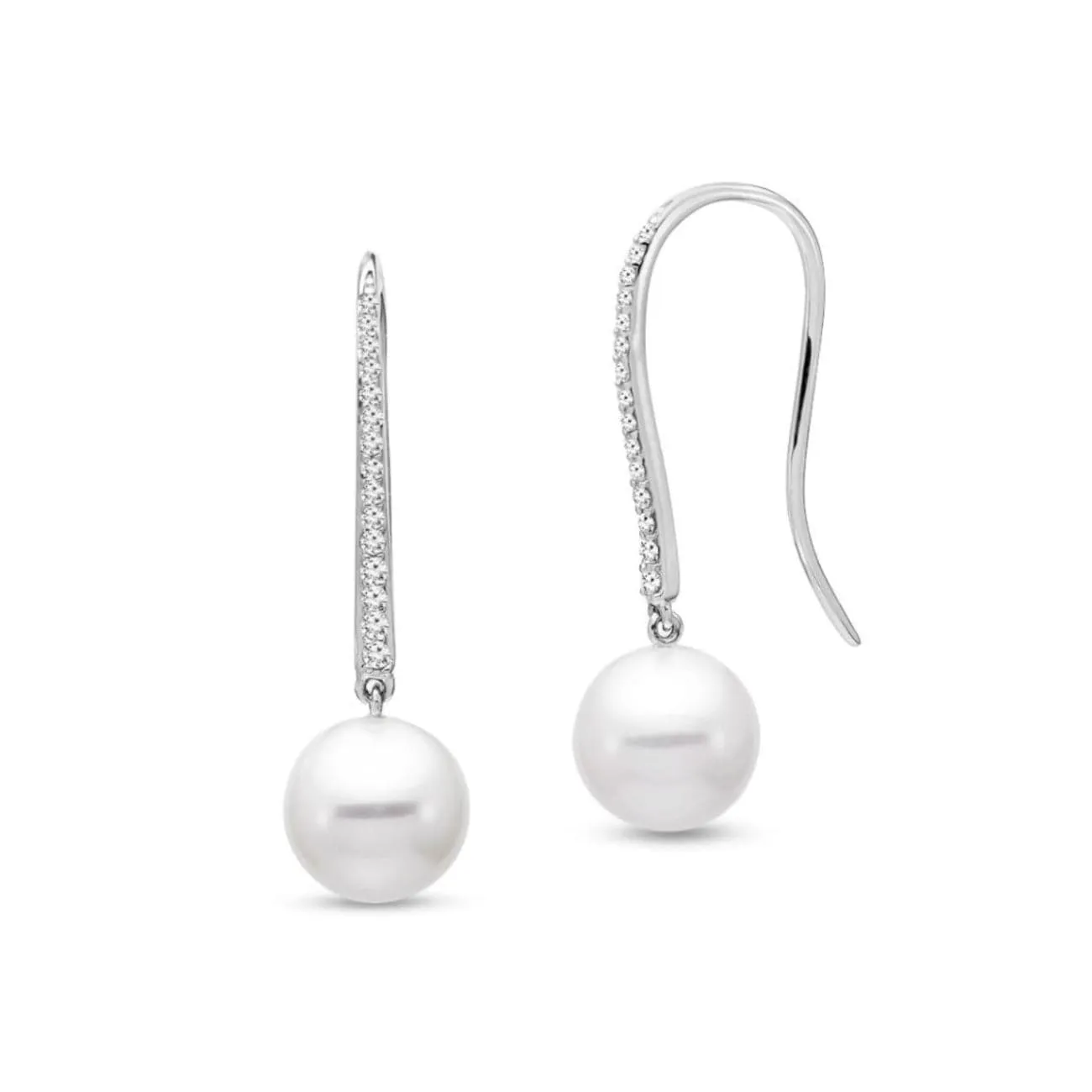 14KT WHITE GOLD 8.5-9MM PEARL DROP EARRINGS SET WITH 0.16CTS OF DIAMONDS