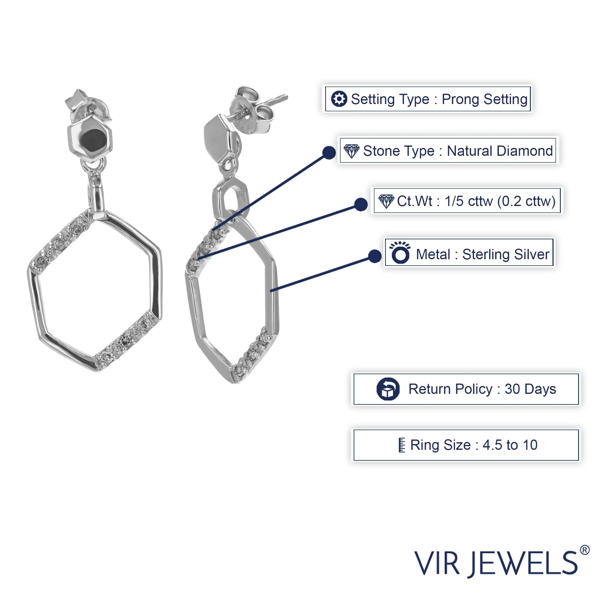1/5 cttw Diamond Hexagon Drop Dangle Earrings in Sterling Silver