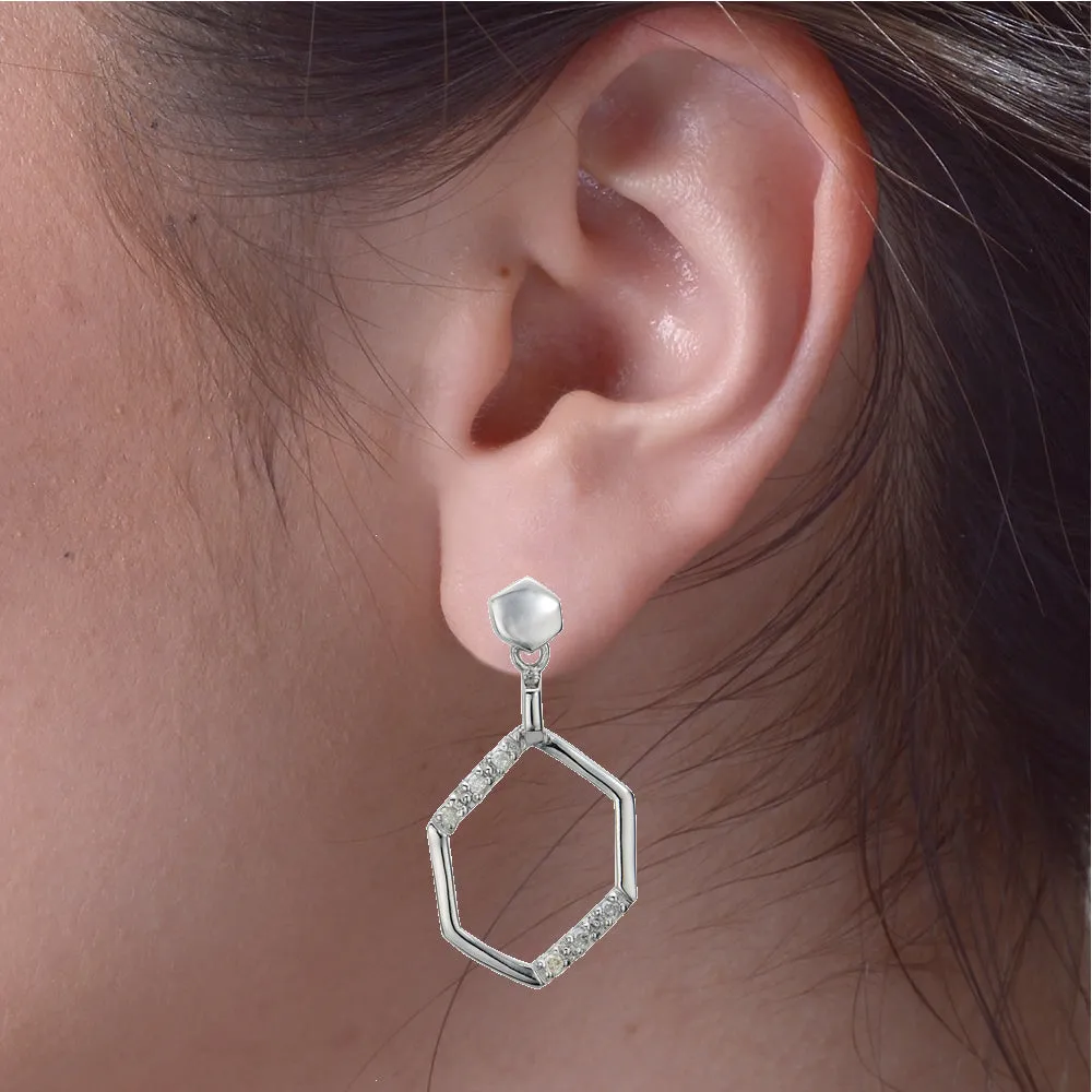 1/5 cttw Diamond Hexagon Drop Dangle Earrings in Sterling Silver