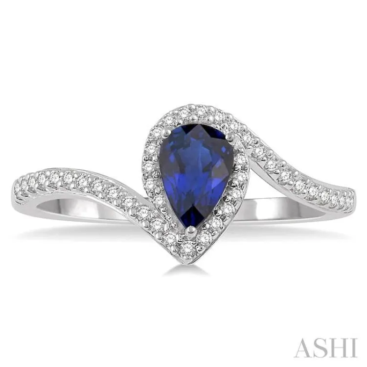1/5 Ctw Pear Shape 6x4mm Sapphire & Round Cut Diamond Precious Ring in 10K White Gold