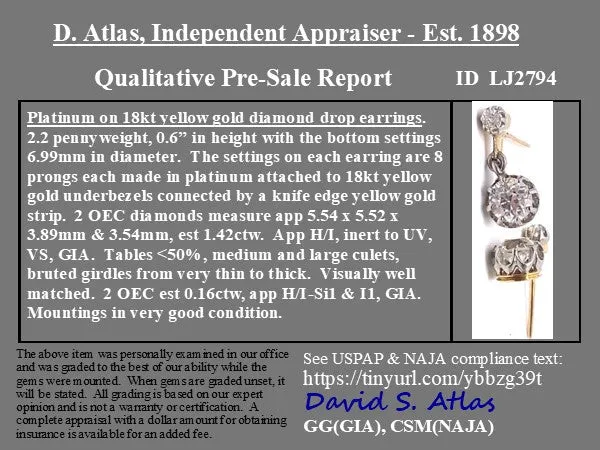 1.58ctw Old European Cut Diamond Drop Earrings
