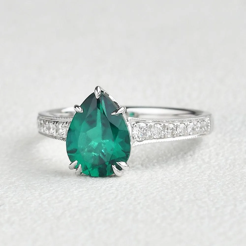 1.5ct Pear Shaped Lab Emerald White Gold Ring
