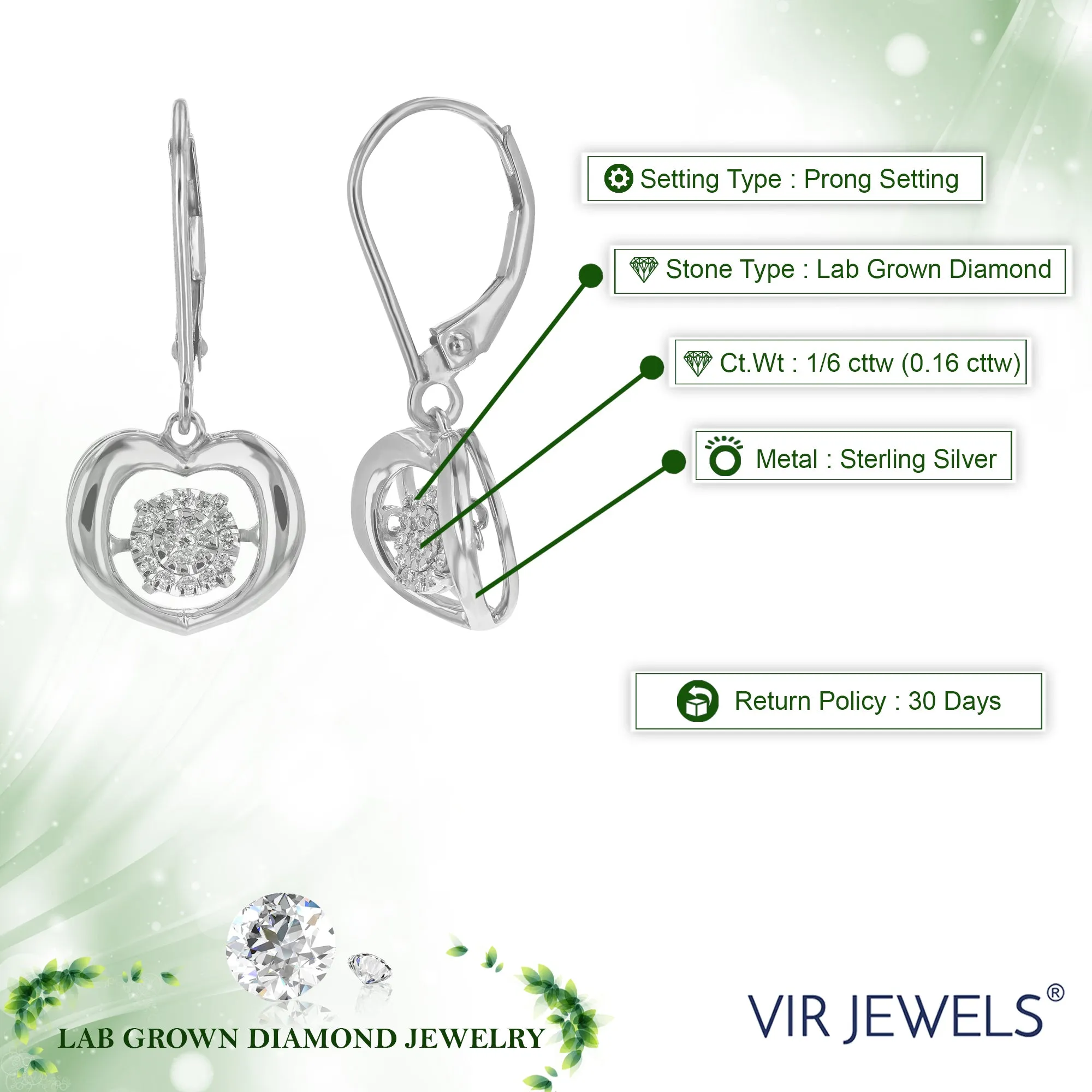 1/6 cttw Lab Grown Diamond Heart Dangle Earrings in Silver
