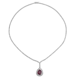 18K Classy White Gold  Diamond  Ruby Necklace V0070
