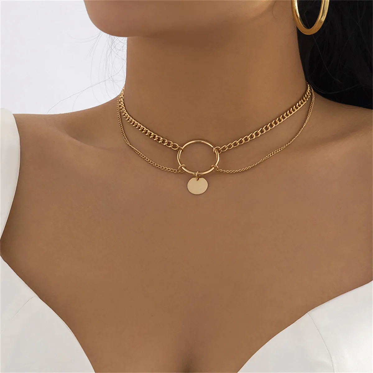 18K Gold-Plated Circle Layered Choker Necklace