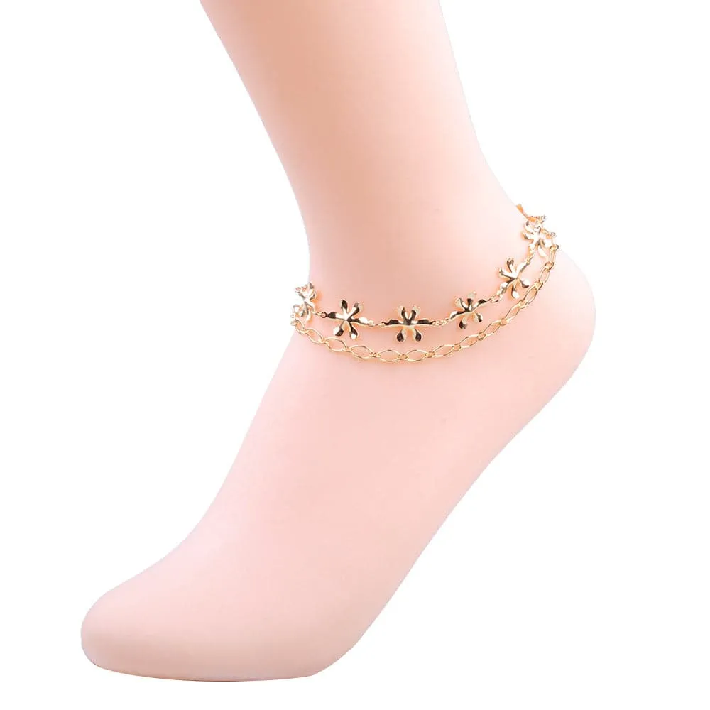 18K Gold-Plated Flower Layered Station Anklet