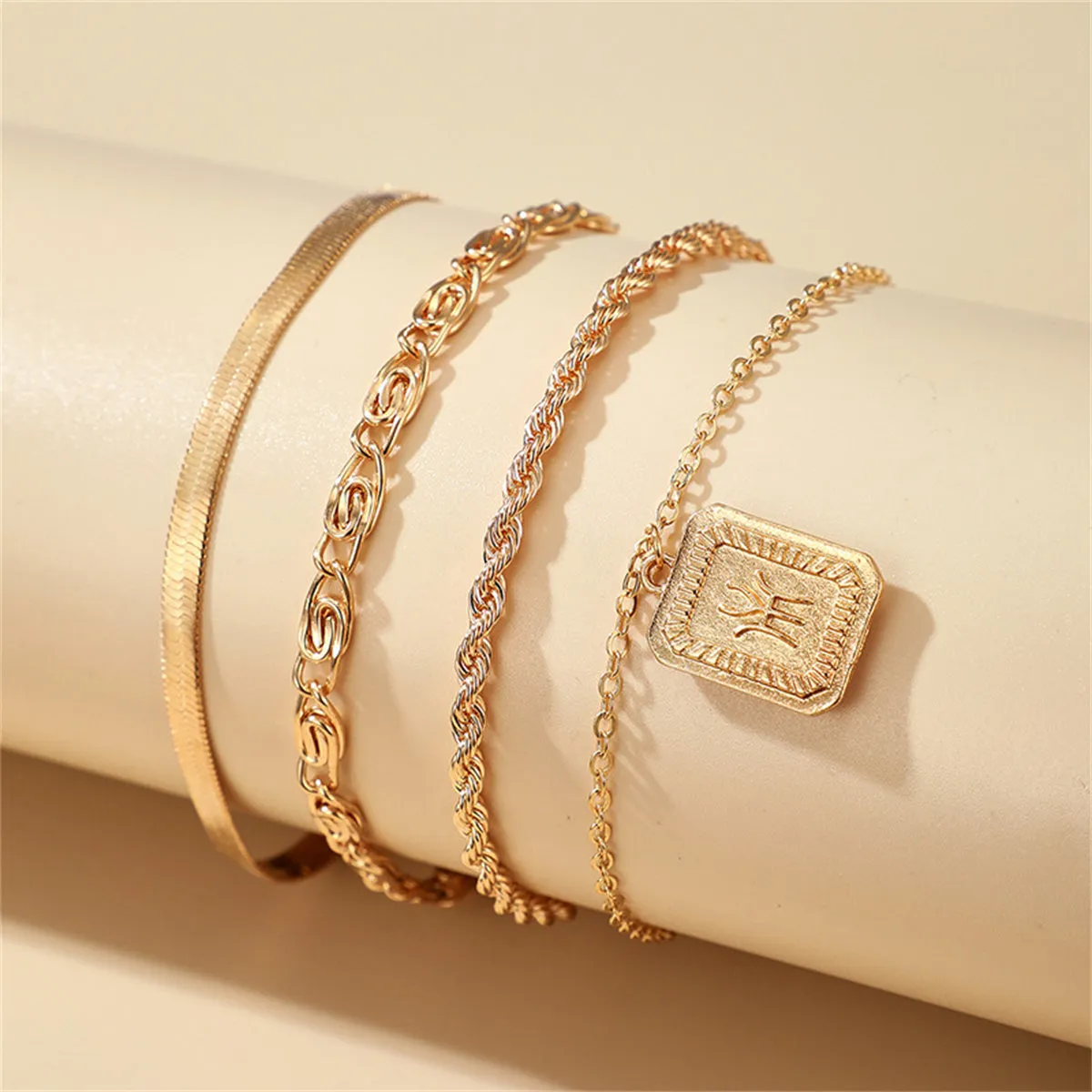 18K Gold-Plated Snake & Rope Chain Card-Charm Anklet Set