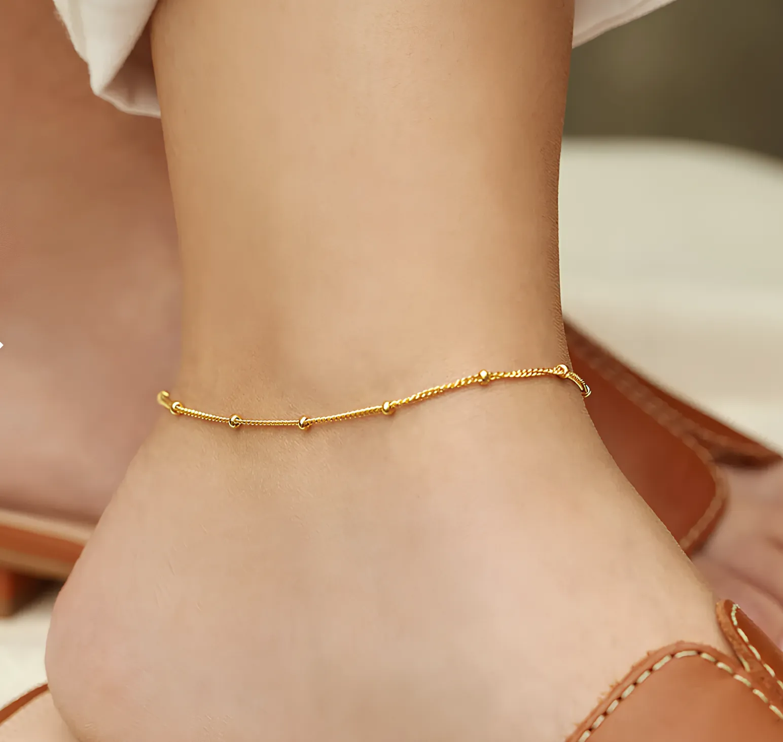 18K Gold Plated Stainless Steel Dainty Beads Chain Anklet