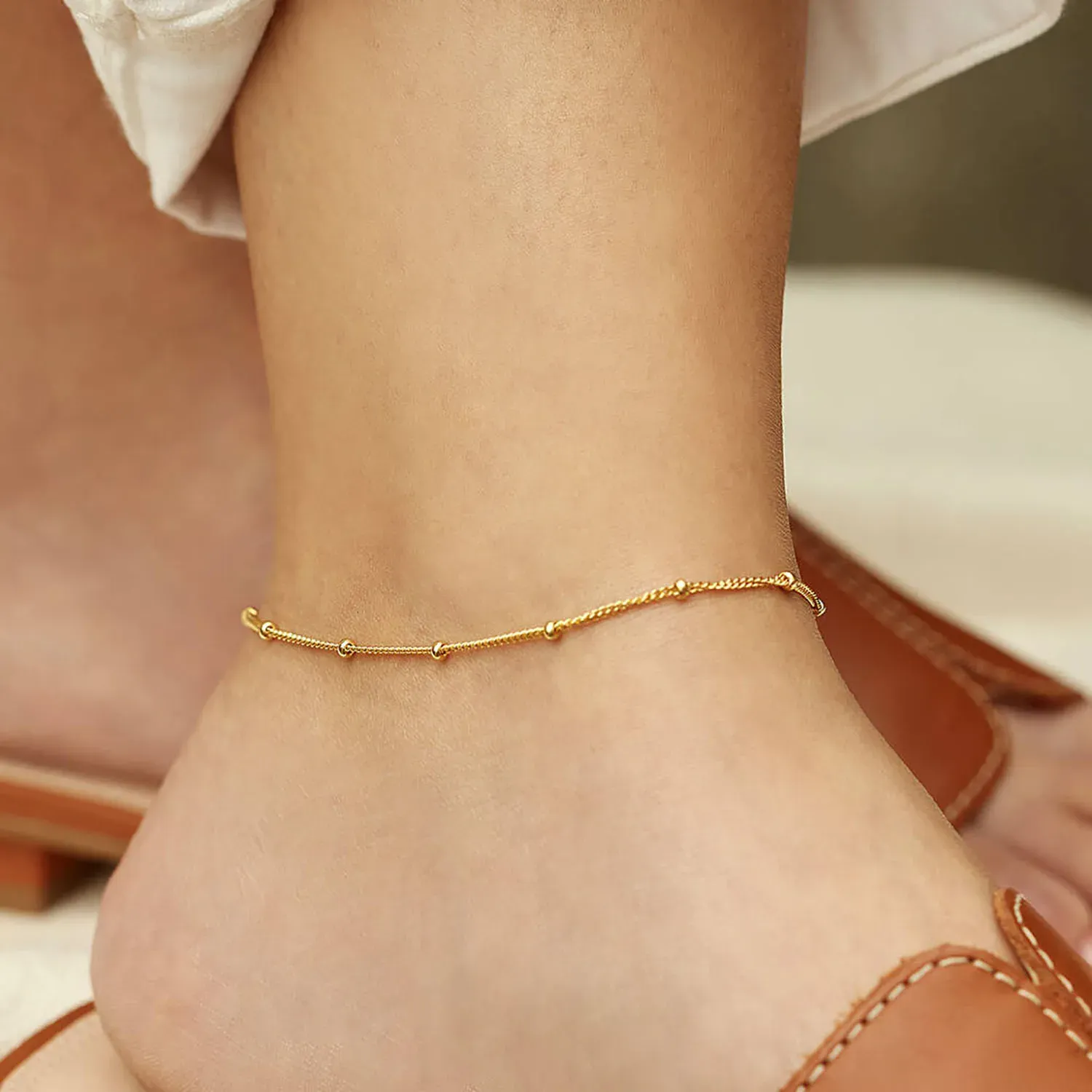 18K Gold Plated Stainless Steel Dainty Beads Chain Anklet