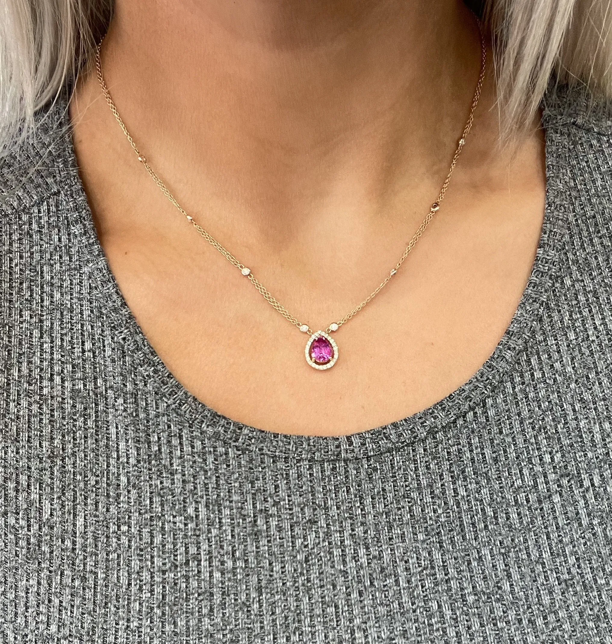 18K Rose Gold Pear Shape Pink Sapphire And Diamond Halo Necklace (2.88ctw)