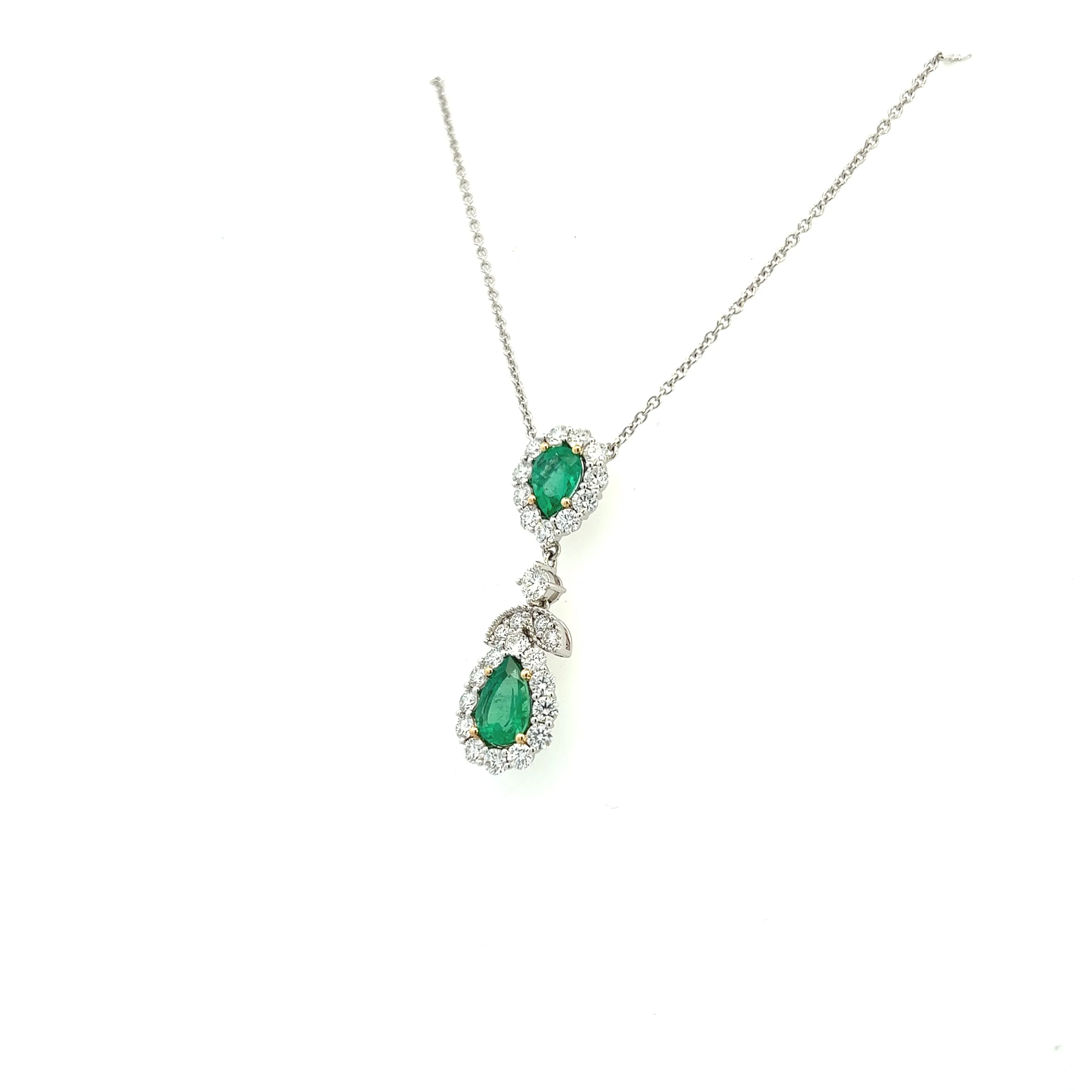 18K White and Yellow Gold Pear Shape Emerald And Diamond Halo Drop Necklace (2.96ctw)