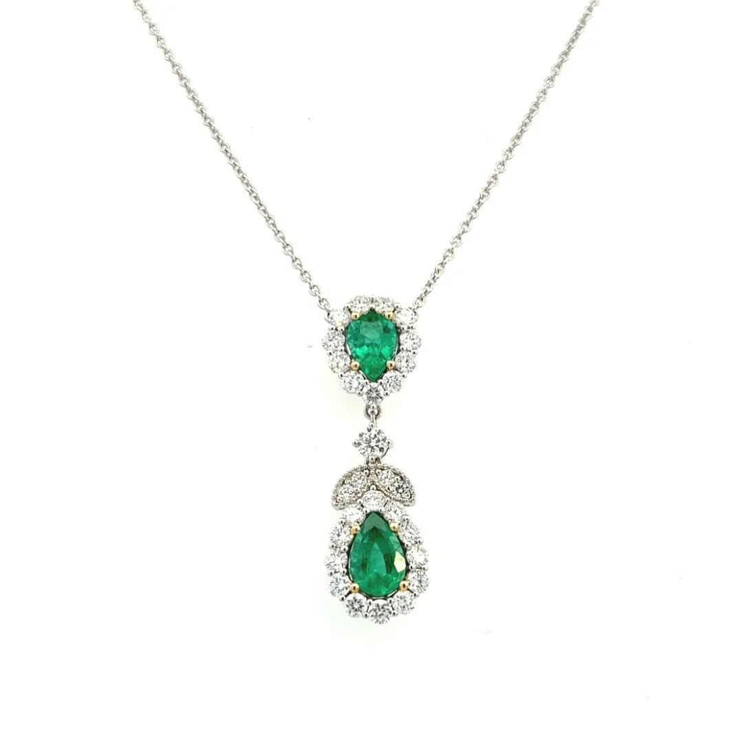 18K White and Yellow Gold Pear Shape Emerald And Diamond Halo Drop Necklace (2.96ctw)