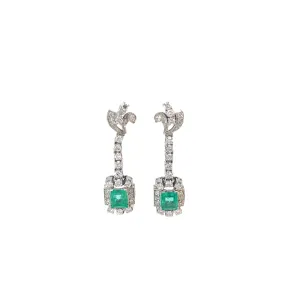 18k White Gold 2.30ct Radiant Emerald and 1.53ct F VS2 Round Diamond Dangle Earrings