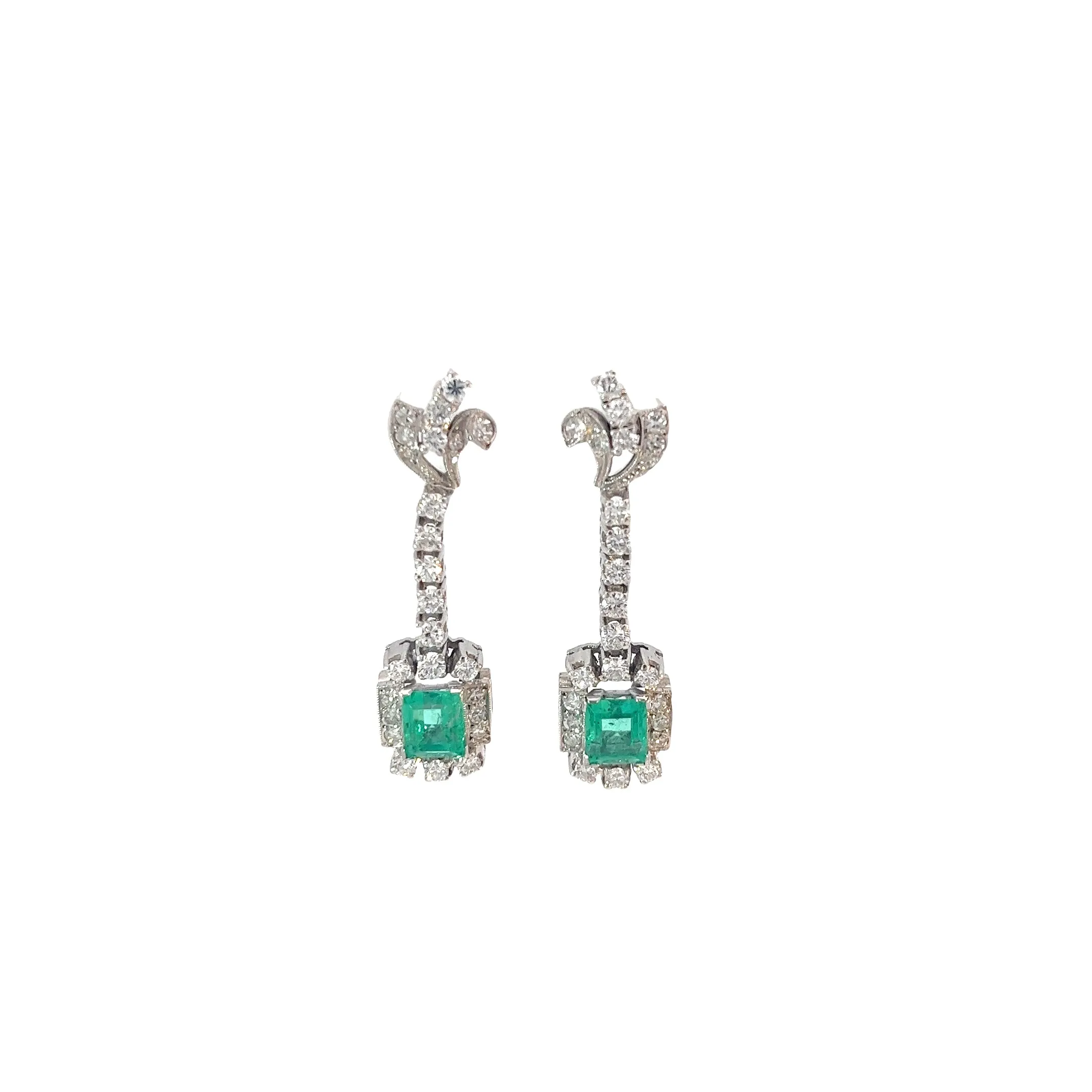 18k White Gold 2.30ct Radiant Emerald and 1.53ct F VS2 Round Diamond Dangle Earrings