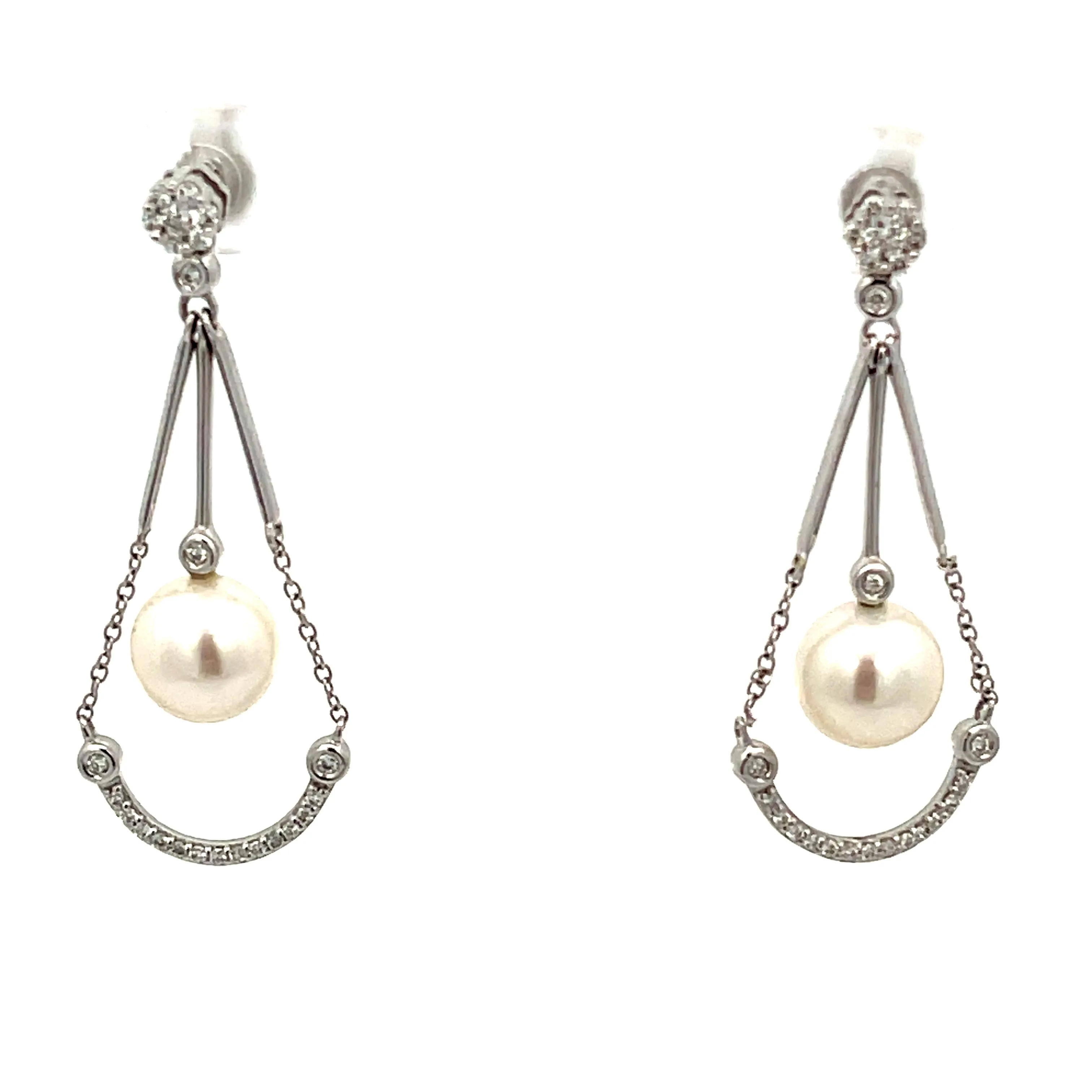 18K WHITE GOLD  .50CT  F VS2 ROUND DIAMOND AND 8MM SALT WATER PEARL DROP EARRINGS