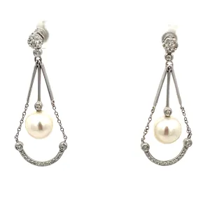18K WHITE GOLD  .50CT  F VS2 ROUND DIAMOND AND 8MM SALT WATER PEARL DROP EARRINGS