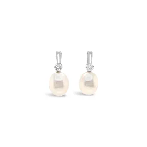 18K White Gold Oval South Sea Pearl And Diamond Drop Earrings (.35ctw)