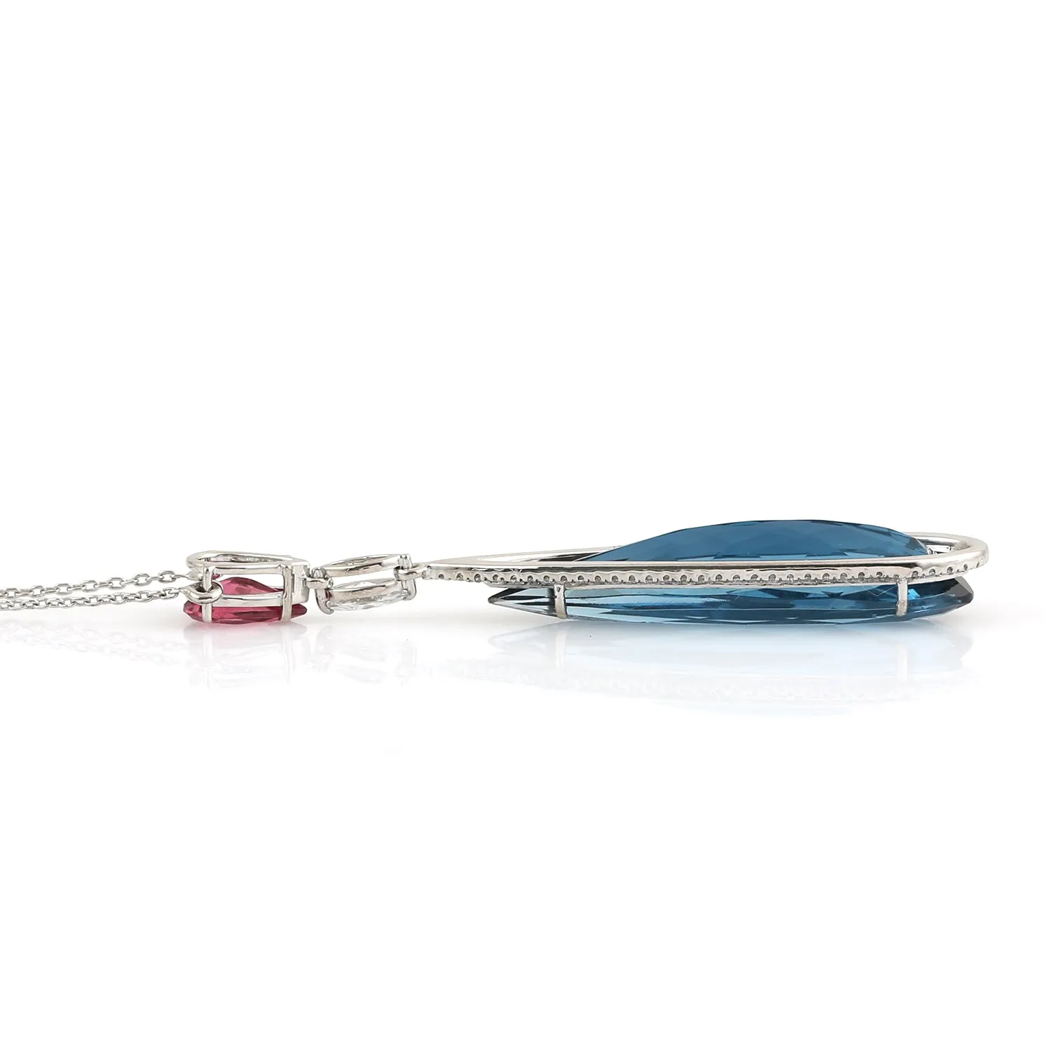 18K White Gold Pear Cut Blue Topaz Pink Tourmaline Prong Diamond Choker Necklace