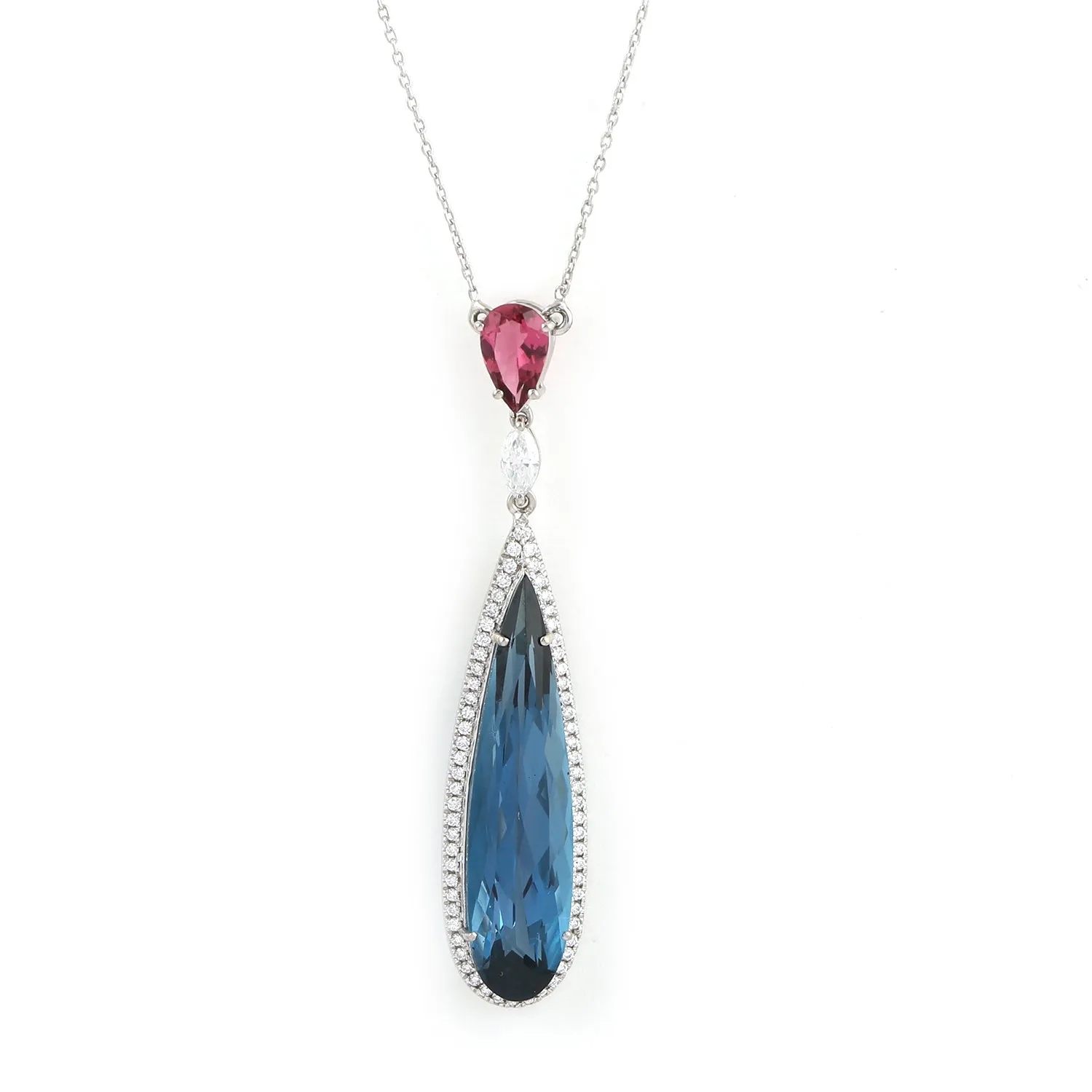 18K White Gold Pear Cut Blue Topaz Pink Tourmaline Prong Diamond Choker Necklace