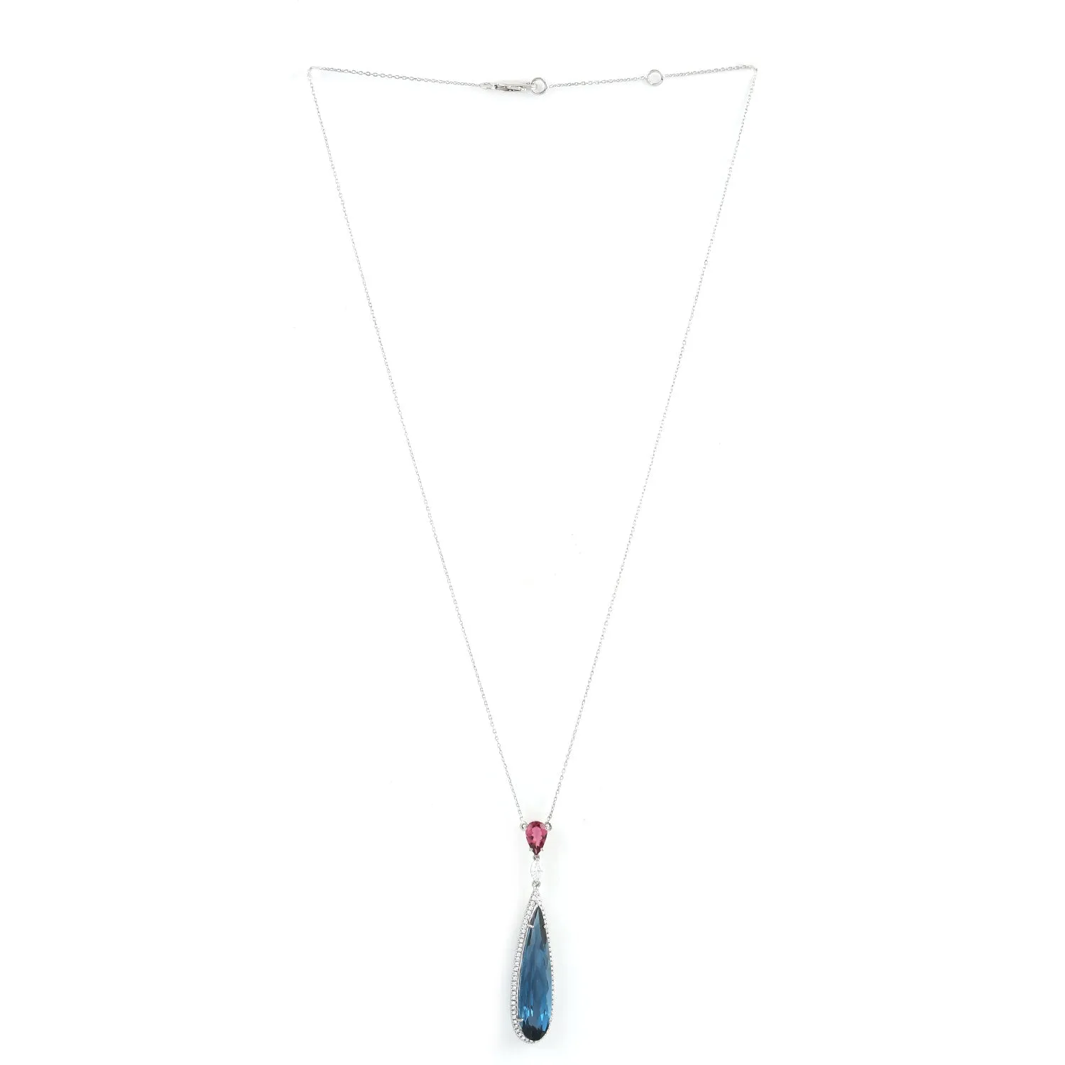 18K White Gold Pear Cut Blue Topaz Pink Tourmaline Prong Diamond Choker Necklace