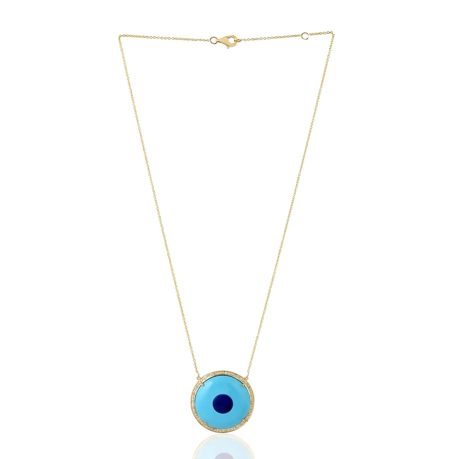 18k Yellow Gold Natural Turquoise Diamond Evil Eye Charm Pendant Necklace On Sale