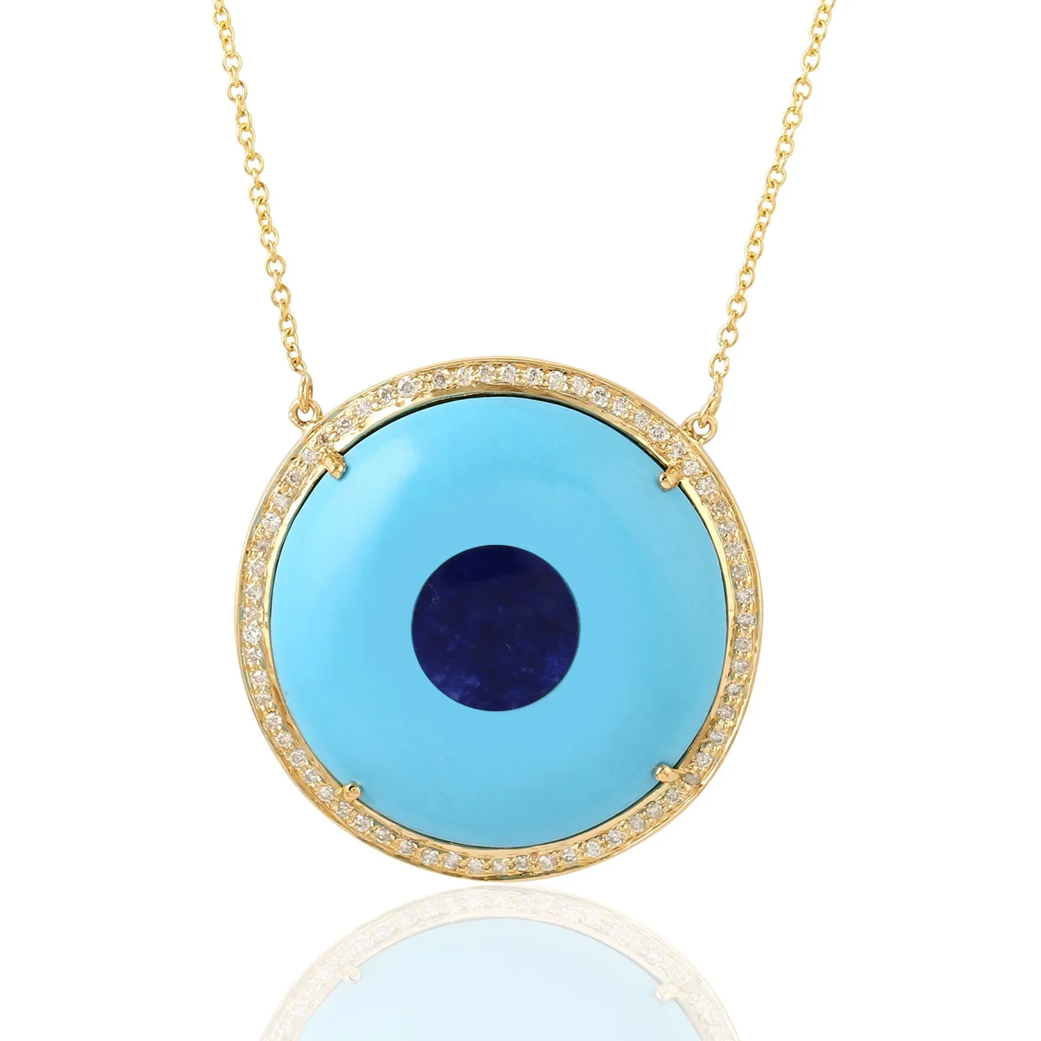 18k Yellow Gold Natural Turquoise Diamond Evil Eye Charm Pendant Necklace On Sale