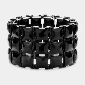 3 Row Black Square Stone Stretch Pageant Bracelet  | Statement Jewelry | 574998