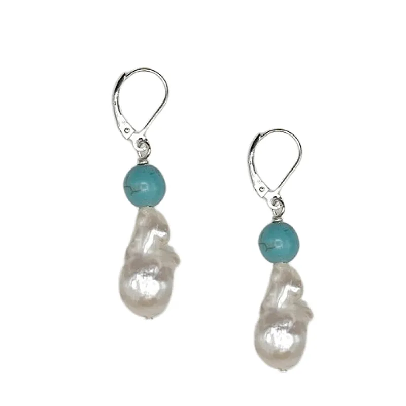306-06-S | TURQUOISE BEAD & WILD PEARL EARRINGS ON SILVER