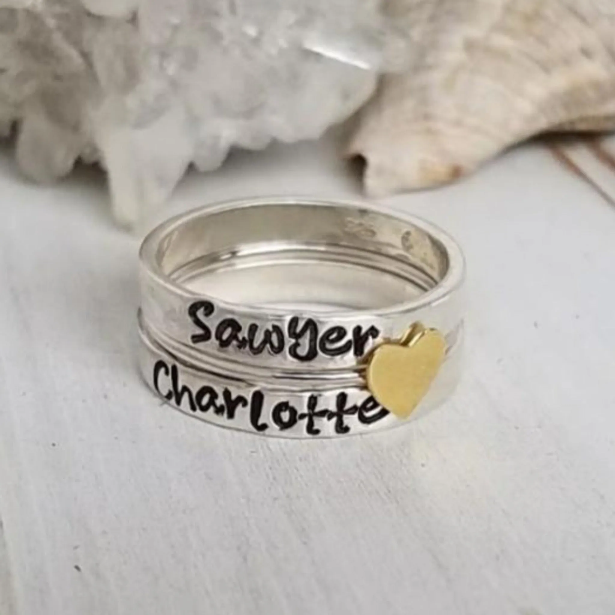 3mm Name Ring and Heart Spacer Set - Sterling Silver