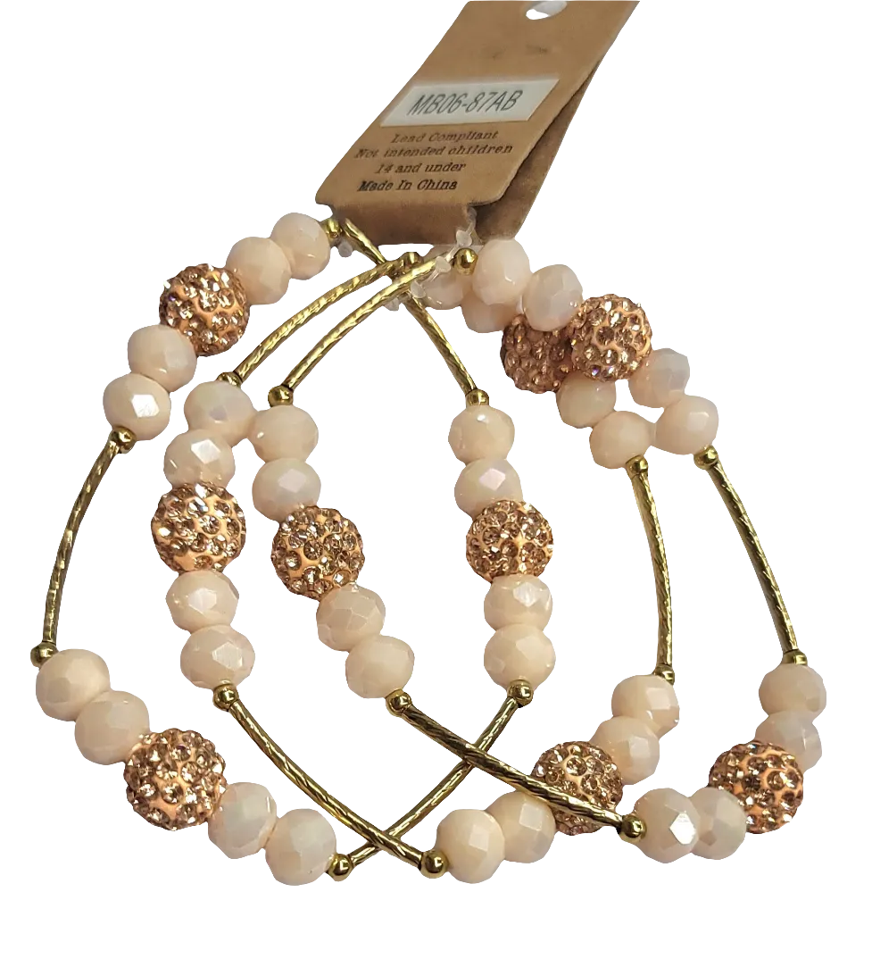 3pc Cream & Rose Gold Paved Bead Crystal Beaded Bracelet With Gold Color Accent Bar Set