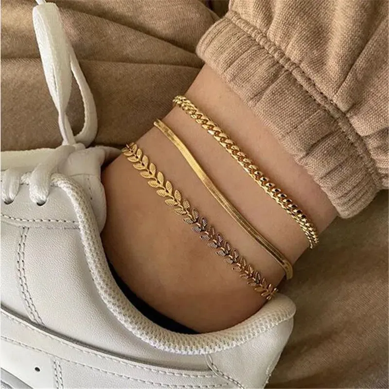 3pcs Gold Simple Chain Anklets