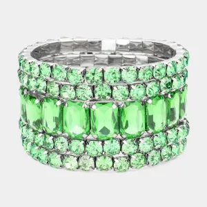 5 Pieces - Green Stone Stretch Multi Layered Pageant Bracelets | Prom Jewelry |  564245