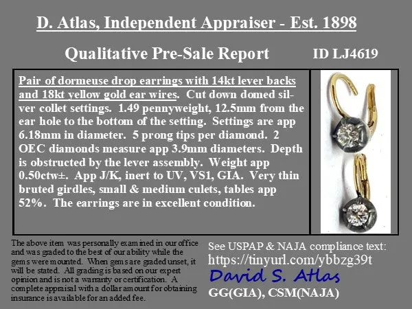 .50ctw Old European Cut Diamond Collet Dormeuse Earrings