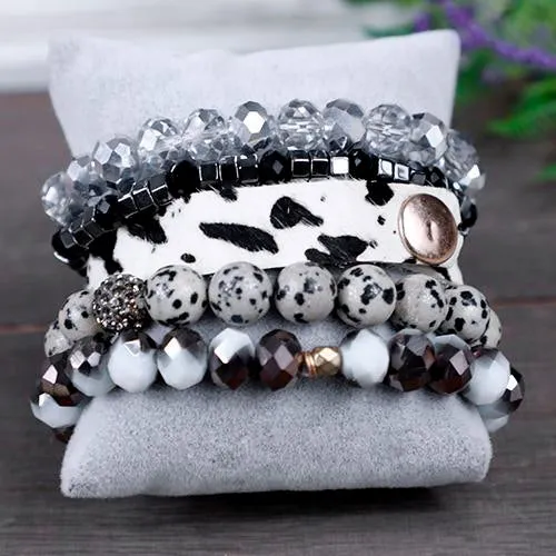 74715 - Cow Print and Crystal Stacked Bracelets - Black White