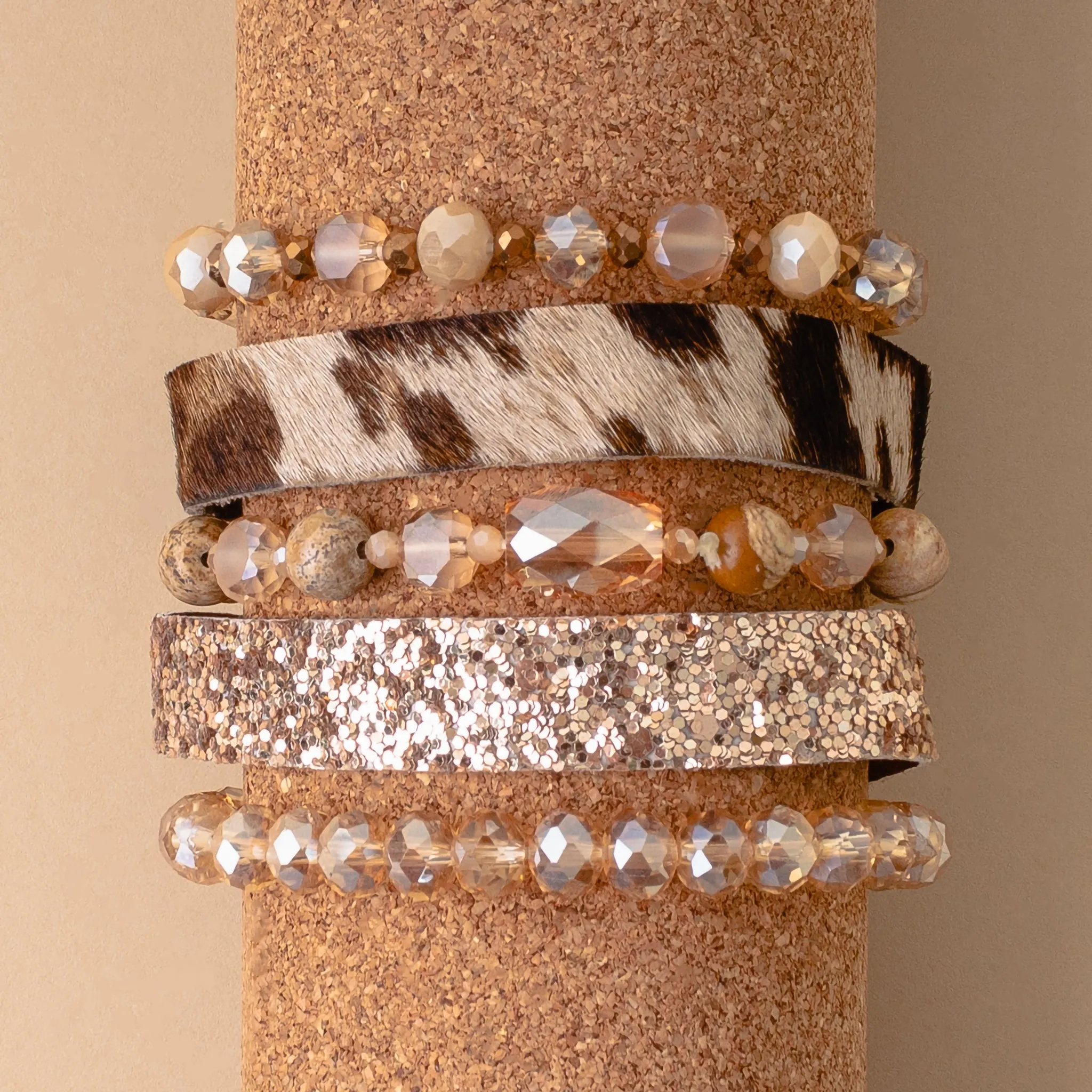 74737 - Animal Print Crystal Beaded Stacked Bracelets - Brown