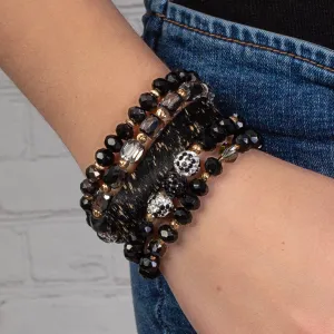 74744 - Animal Print Crystal Beaded Stacked Bracelets - Black