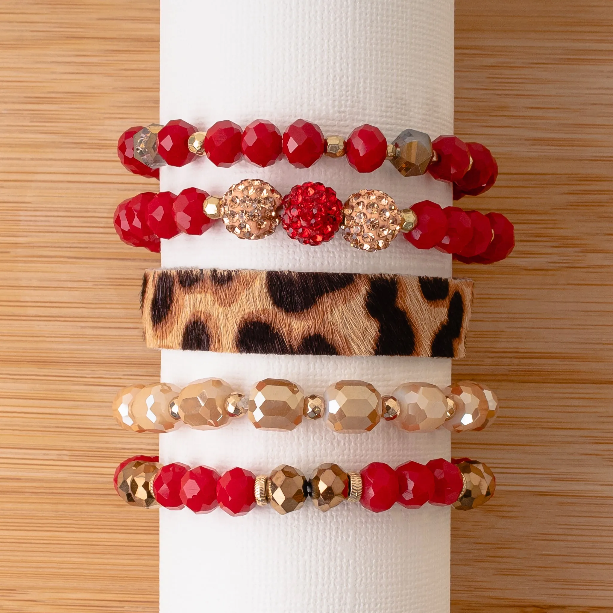 74744 - Animal Print Crystal Beaded Stacked Bracelets - Red