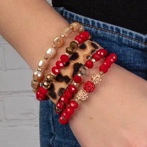 74744 - Animal Print Crystal Beaded Stacked Bracelets - Red