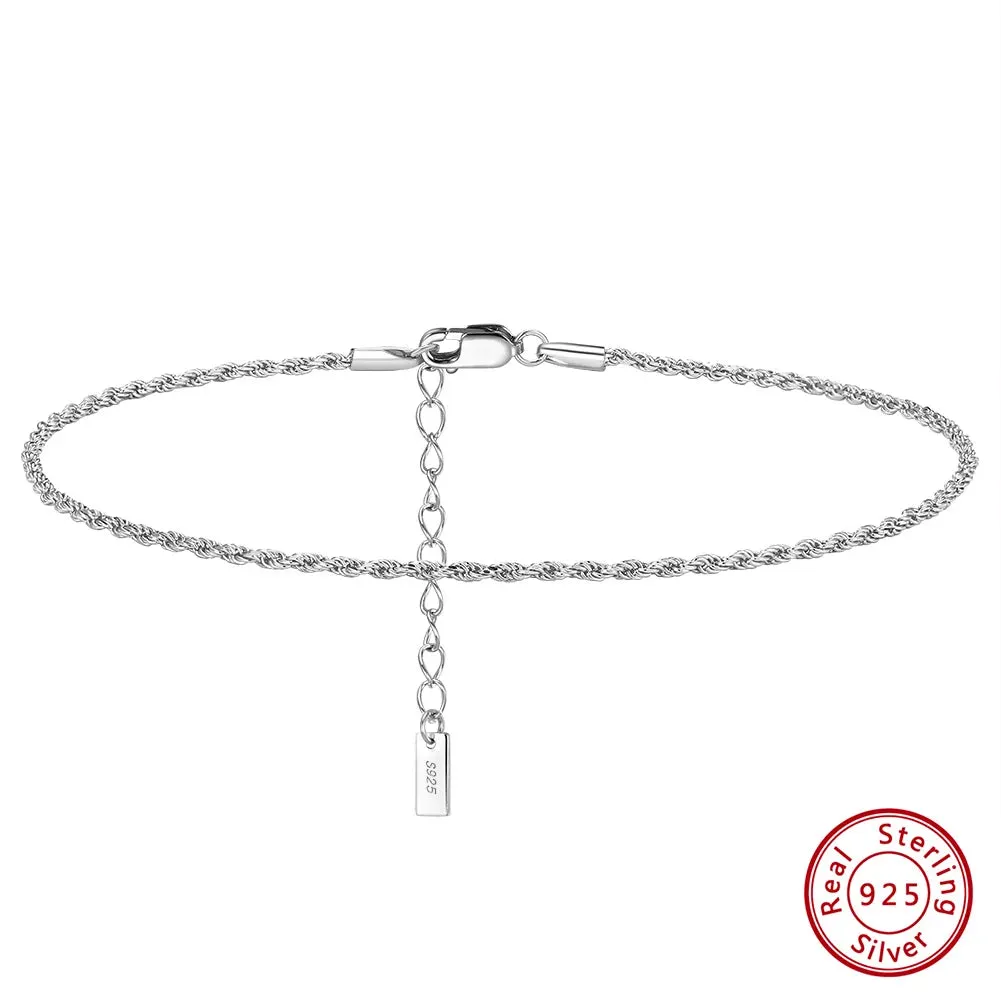 925 Sterling Silver 1.5mm Rope Chain Anklets for Women
