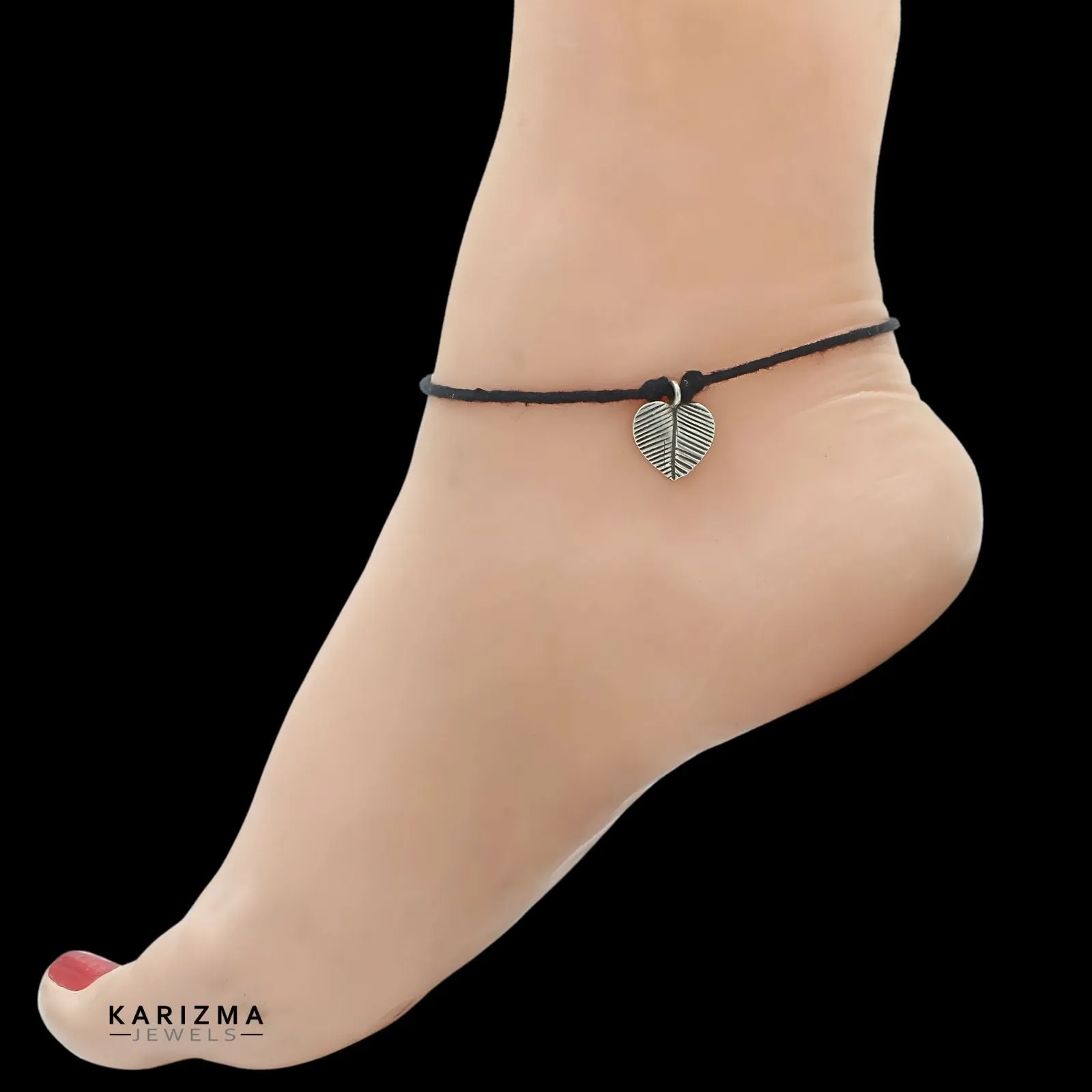 925 Sterling Silver handmade Oxidized twisted leaf with black thread Women single Anklet