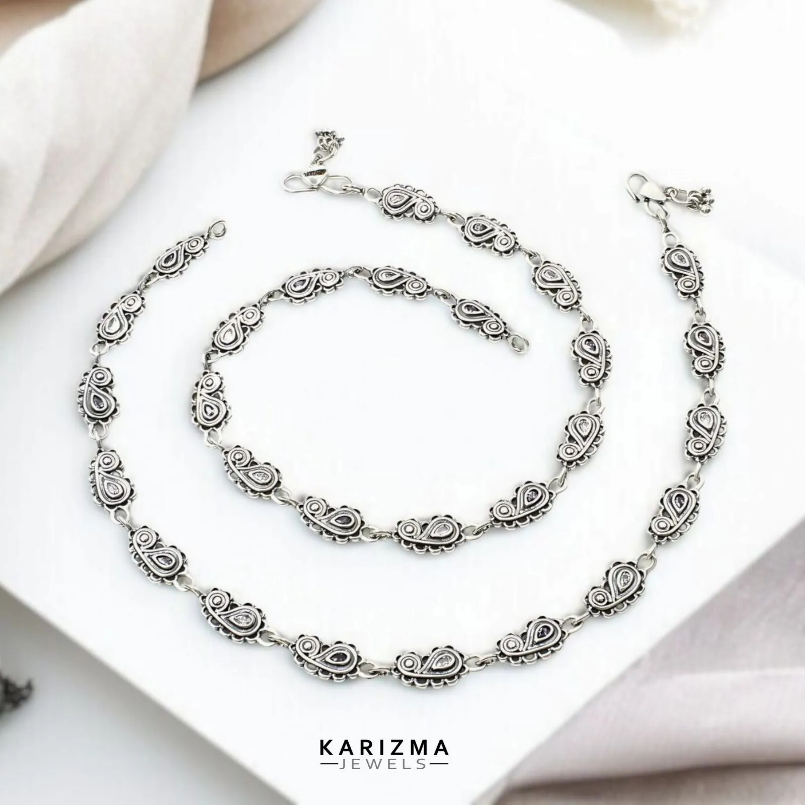 925 Sterling Silver Indian Women Purple White CZ Oxidised Anklets Pair 10.8"