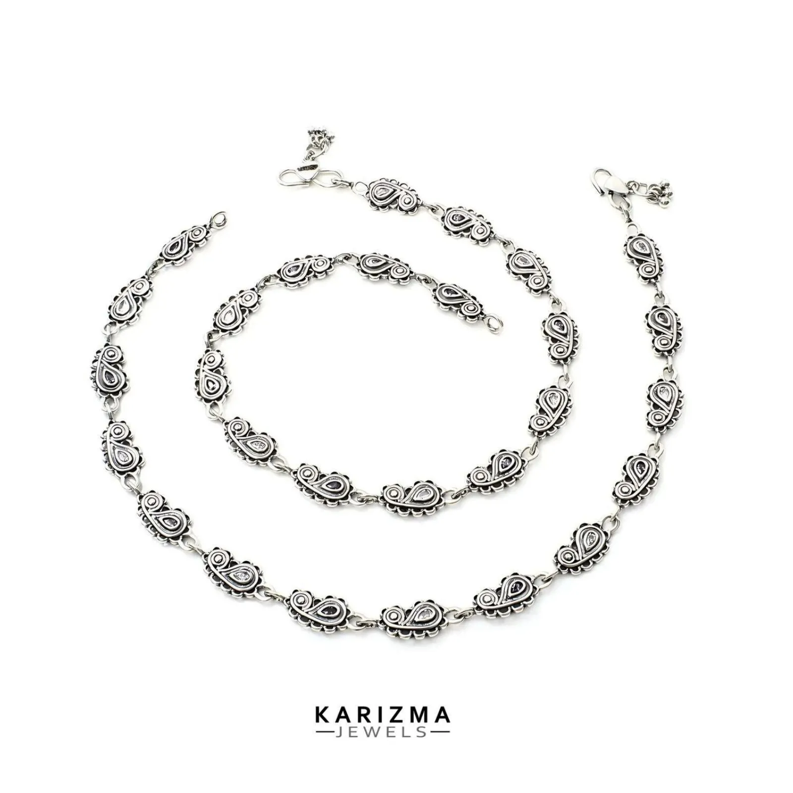 925 Sterling Silver Indian Women Purple White CZ Oxidised Anklets Pair 10.8"