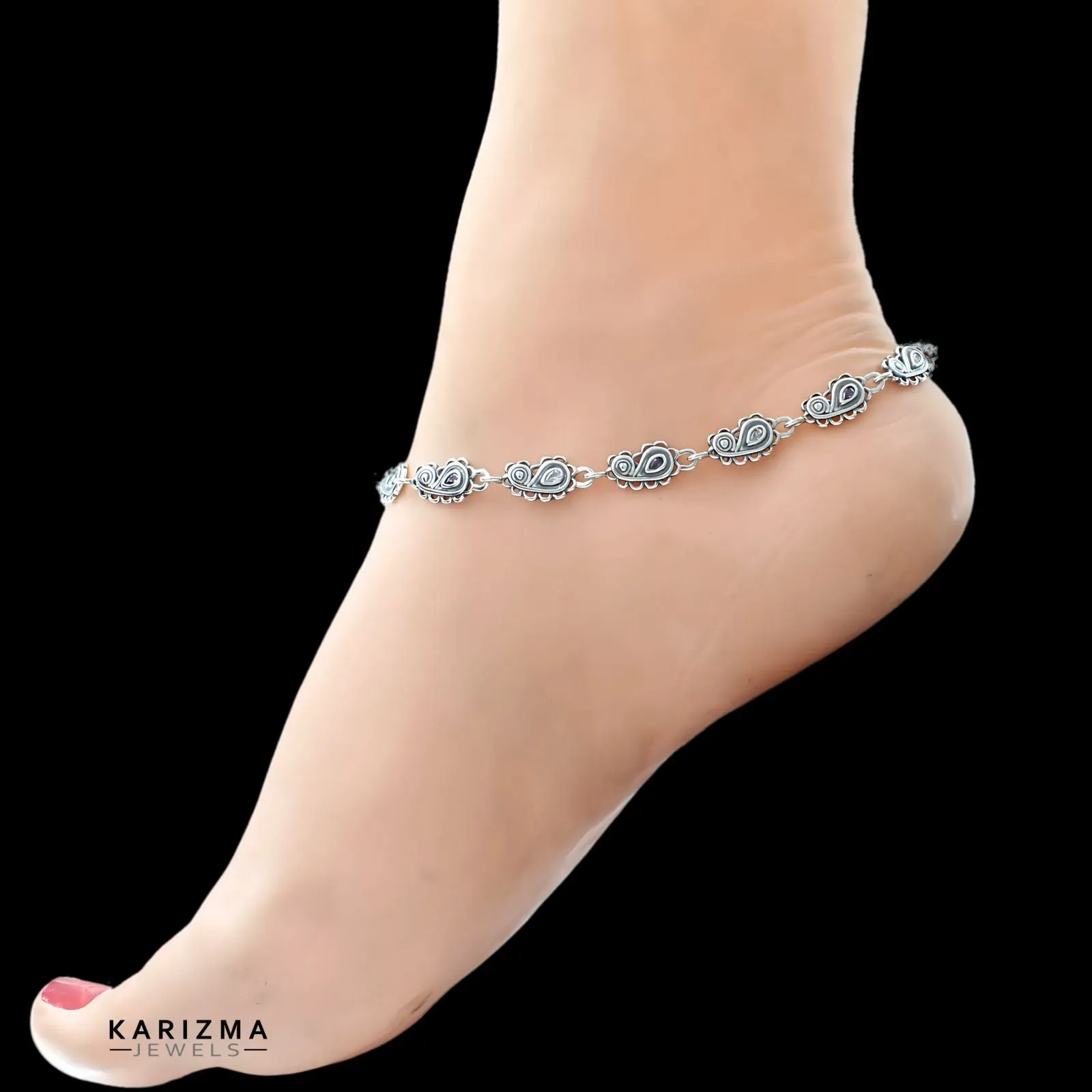 925 Sterling Silver Indian Women Purple White CZ Oxidised Anklets Pair 10.8"