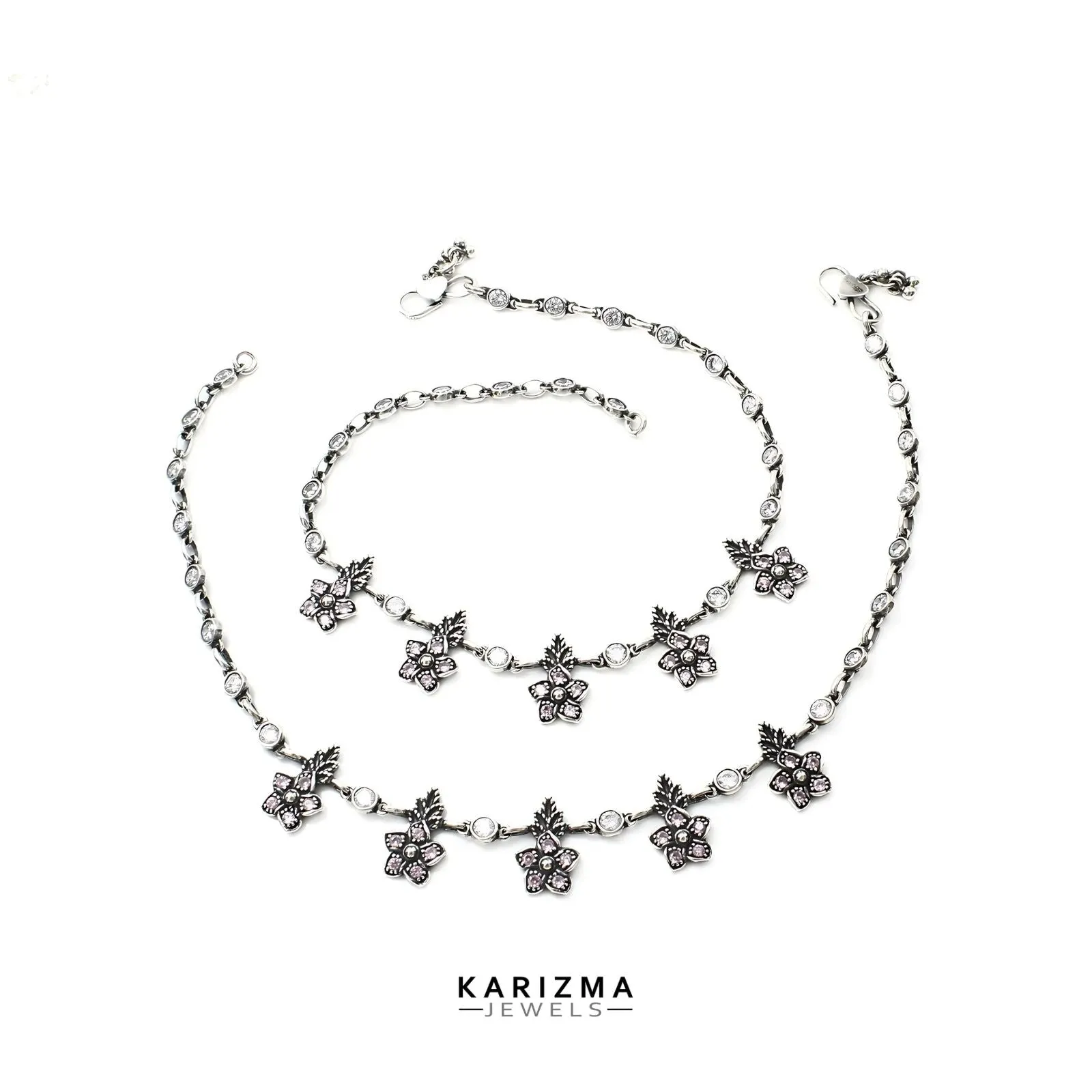 925 Sterling Silver Pink White CZ gorgeous floral design Oxidised Anklets Pair 10.7"