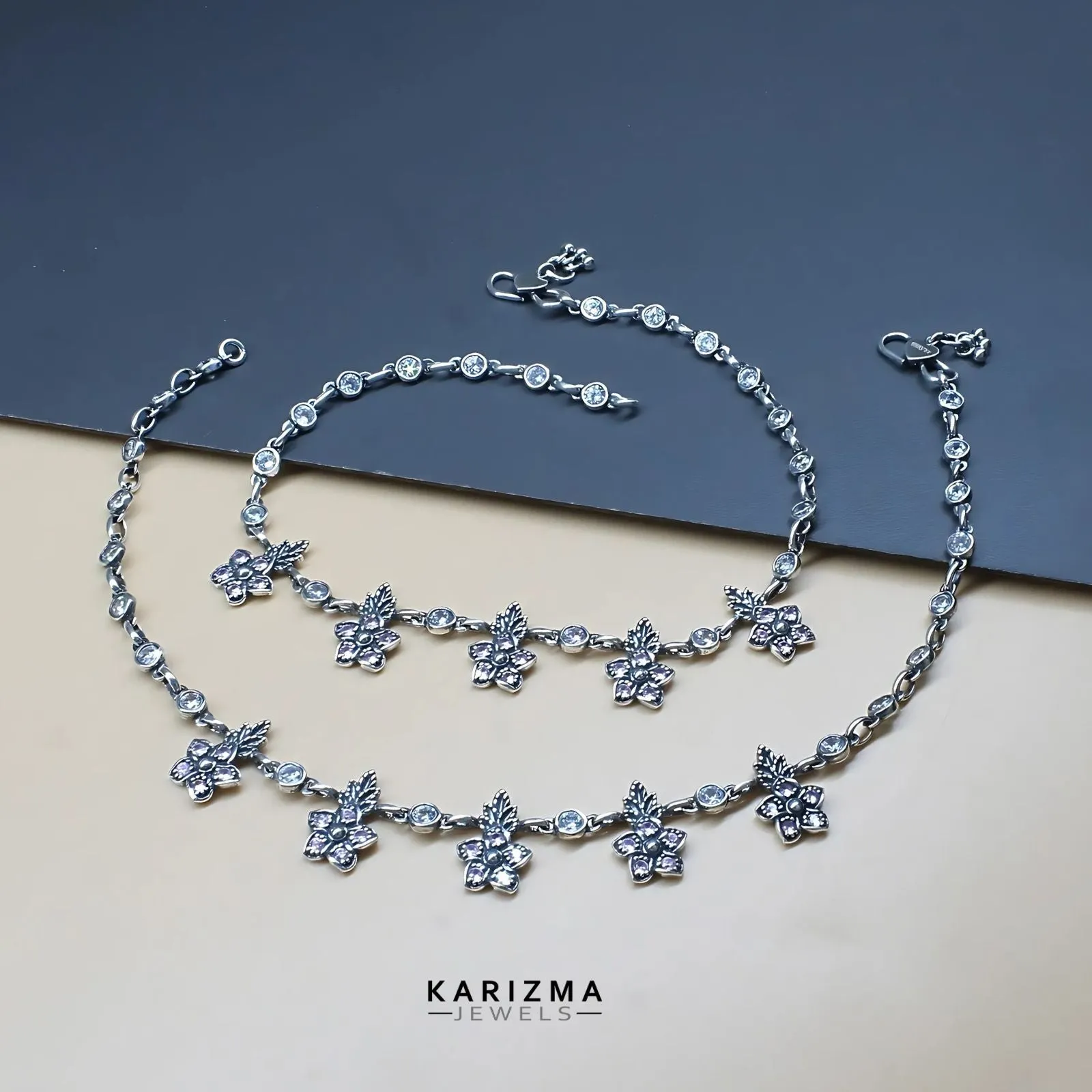 925 Sterling Silver Pink White CZ gorgeous floral design Oxidised Anklets Pair 10.7"