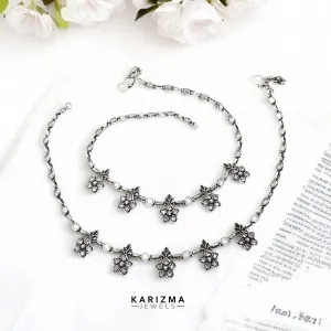 925 Sterling Silver Pink White CZ gorgeous floral design Oxidised Anklets Pair 10.7"