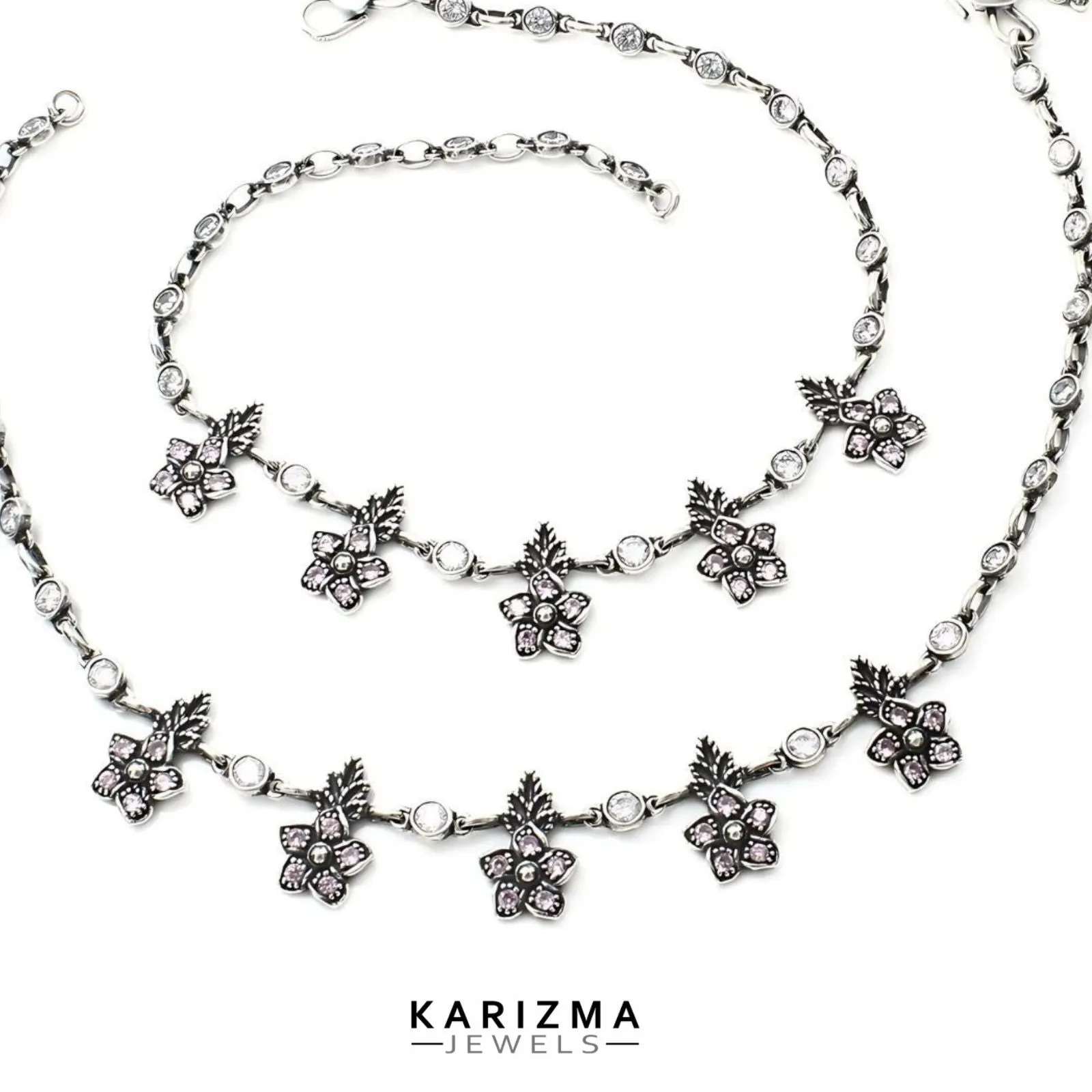 925 Sterling Silver Pink White CZ gorgeous floral design Oxidised Anklets Pair 10.7"