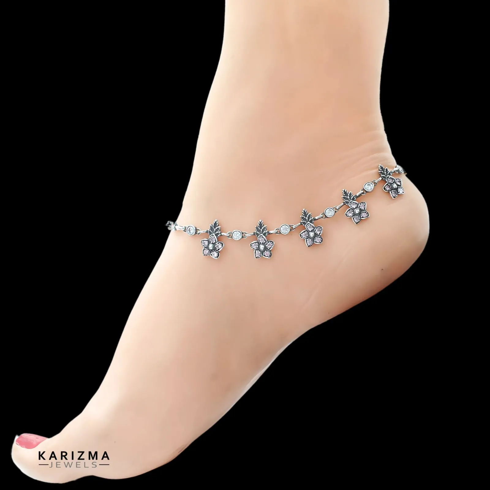 925 Sterling Silver Pink White CZ gorgeous floral design Oxidised Anklets Pair 10.7"