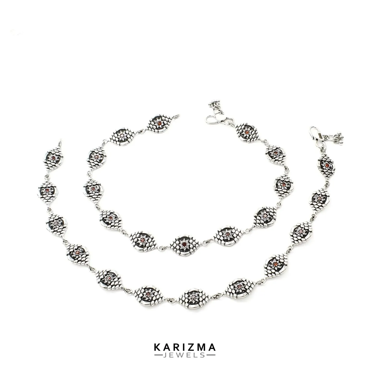 925 Sterling Silver Women Orange White CZ Oxidised beach wear divine Anklets Pair 10.2"