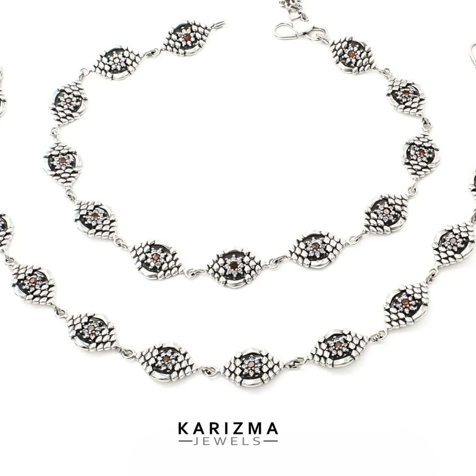 925 Sterling Silver Women Orange White CZ Oxidised beach wear divine Anklets Pair 10.2"